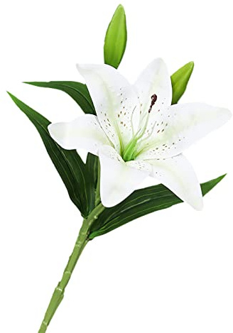 Fyearfly Artificial Lily Flower Single Stem 38cm White 3D Cloth Faux Lily for Home Decor Wedding Centerpiece Bouquet Gift