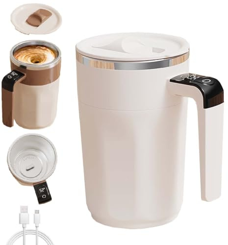 Tazza Da Caffè Automatica Auto-Mescolante,Mescolatore Ricaricabile Magnetico Con Indicatore Di Temperatura,Per Latte Cacao Cioccolata Calda Bevande,Per Picnic Campeggio Hotel Casa Cucina (Bianco)