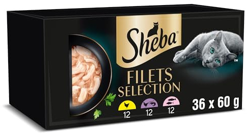 SHEBA Filets Nourriture pour Chat Adulte au Poulet, au Poisson de l’océan et aux Crevettes, au Saumon et au Thon en Sauce, 36 barquettes (6 x 6 x 60 g)