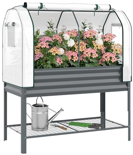 Outsunny Potager sur Pieds surélevé avec bâche en PE, Jardinière Surélevée en Métal avec Serre, Volume 167L avec Doublure et Étagère Inférieure, pour Plantes Fleurs Légumes, 120x55x140cm, Gris Foncé