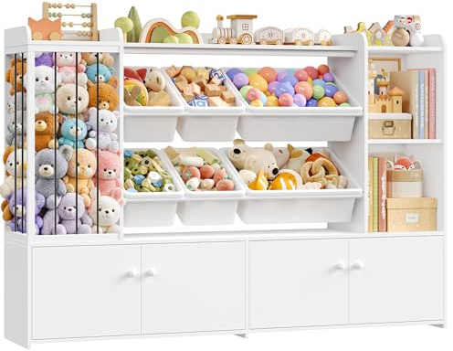 FOREHILL Porta Giochi Bambini, Mobile Porta Giochi con 6 Scatole, Scaffale Portagiochi Bambini con 4 Ante, Scaffale Portaoggetti per Peluche, per Cameretta e Sale Giochi, 137,3x28x94cm (Bianco)