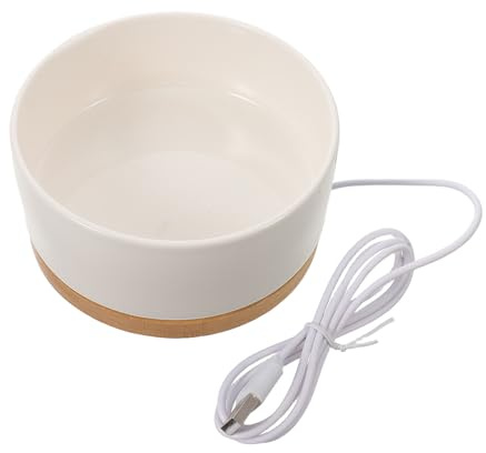NIYANGLE Cuenco Térmico para Mascotas de Cerámica con Base de Madera Estable Calentador USB para Gatos y Perros Bebedero Calentado para Exterior Interior Clima Frío Blanco