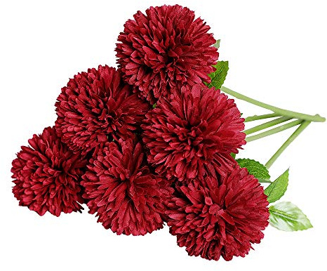 Tifuly Artificiella Hortensiablommor, 6 st siden krysantemum små bollblommor för hem, trädgård, fest, kontorsdekoration, brud bröllopsbuketter, blomsterarrangemang, bordsuppsatser (Röd)
