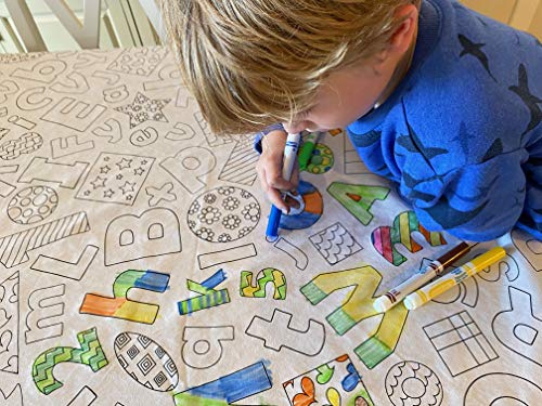 Learning Fun Design – Rectangle Tablecloth 60”X84” – Interactive Coloring Tablecloth for Kids – Poly/Cotton Fabric - Washable and Reusable – DIY Activity for Children and Adults