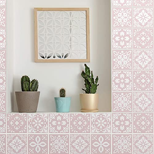 WALPLUS 15cm 24 pcs Sevilla Light Pink Wall Tile Stickers Peel and Stick Backsplash Self-Adhesive Vinyl Home Decor DIY Living Room Splashbacks Spring Easter Decoration Tile Paint Stick on Tiles Ideas