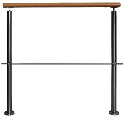 Edelstahlgeländer Aufmontage mit Handlauf aus Buche für innen Treppe Geländer V2A Holz mit waagerechte Streben - Variante: mit 1 Sträbe Länge: 2,0 m mit 3 Pfosten