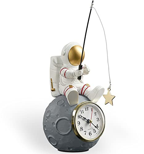 Astronaut Figure Clock for Desktop & Shelf, Battery Operated, Astronaut & Planet Figurine Statue for Office & Kids' Outer Space Themed Bedroom Decor, Decorative Small Table Clock, Fishing Star