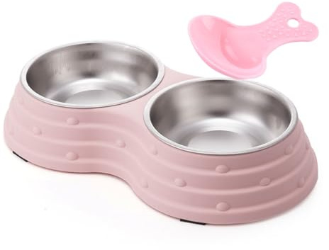 KuTi Kai Double Dog Bowls for Food and Water,Premium Removable Stainless Steel Double Bowls with Non-Slip Bottom and 1 Pet Food Scoop for Pet and Small Dogs Cats etc (Small, Pink)