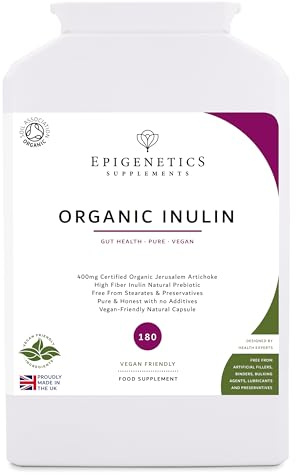 Inulin (Jerusalem Artichoke) | 400mg Organic Jerusalem Artichoke Prebiotic (Inulin) | 180 Vegan Friendly Capsules UK Made | 1 Capsule Daily (6 Month Supply)