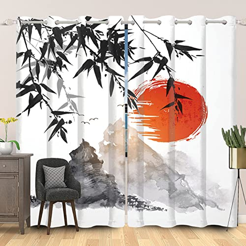 SDOTPMT 107x215cm Japonais Classique Encrer Peinture Rideau de Fenêtre Mont Fuji Soleil Bambou Feuilles Oriental Opaque pour Salon Chambre, 2 Panneaux
