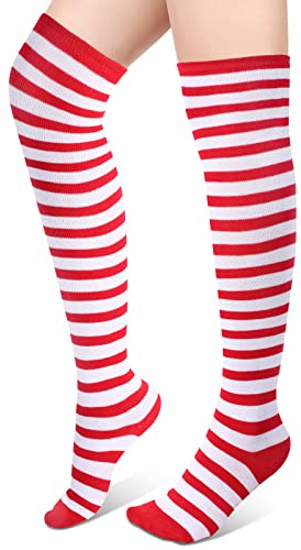 Blulu Geyoga Chaussettes au Genou Longues Rayées Chaussettes Hautes à Rayures Bas Rayés au Genou pour Femmes(Rouge-Blanc)