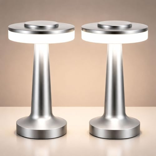 Riakrum 2 Pcs LED Portable Cordless Table Lamp with Touch Sensor 3 Color Stepless Dimming Rechargeable Battery up to 15 Hours Cordless Table Light Wireless Lamp for Nursery (Silver)