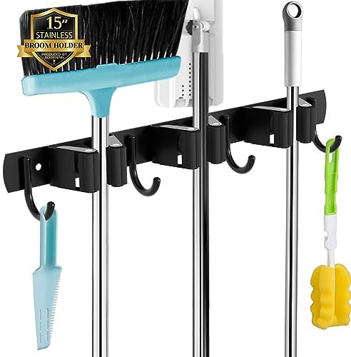 3 Holders+4 Hooks Black Broom Holder Wall Mounted StainlessSteel Mop Holder | brush holders for wall: nail fitting kit and strong adhesive backing; long handles stay tidy.