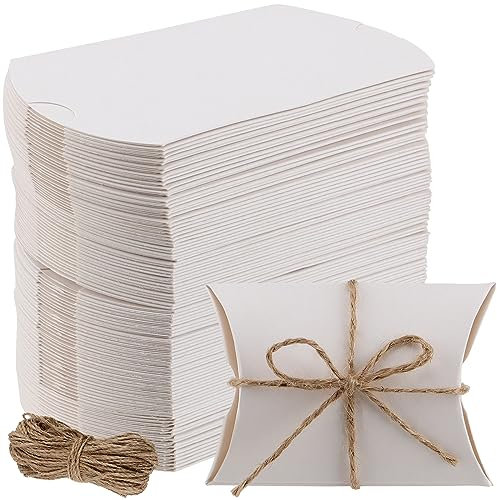 CHUEHKAK 150 Stück Kissenschachtel Klein,9 x 6,5cm Kraftpapier Geschenkkarton,Weiß Geschenkbox, Geschenkkartons mit 150 Juteschnur 60cm,Faltschachtel, für Süßigkeiten, Geschenk Party Fest