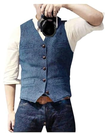 Kiioouu - Chaleco clásico informal para hombre, con cuello en V, patrón en espiga, ajustado, para negocios, para boda, azul claro, S