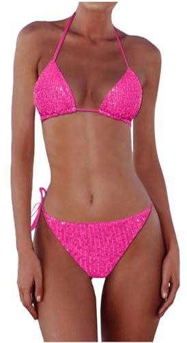 Costume da Bagno Bikini a Triangolo Multicolore con Paillettes da Donna Due Pezzi