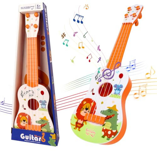 Hojalis Kids Ukulele Guitar Toy, 41cm Guitar Musical Toy Ukulele Instruments with 4 Ajustable Strings, Cartoon Mini Guitars Music Learning Educational Toys for Toddlers Boys Girls(Orange)