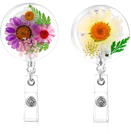 2 Pack Nurse Badge Reels, Flower Resin Badge Reel Badge Holder Retractable Clip Cute Nursing Student Badge Reel Name Card Badge Clip, Handmade Dried for Nurse Doctor Teacher Office Worker
