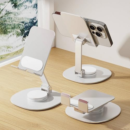 LISEN Cell Phone Stand iPhone Stand for Desk, 360° Rotation for Phone Stand Holder Portable Adjustable Phone Holder Office Accessories All Metal Silver for iPhone 17 16 15 Pro Max Air 4-8 Device