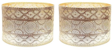 ValueLights | Pair of - Easy Fit Moroccan Style Gold Ceiling Pendant Drum Light Shade for Living Room Bedroom Hallway | Table Lamps & Home Improvements Essential | 310mm Shade Width