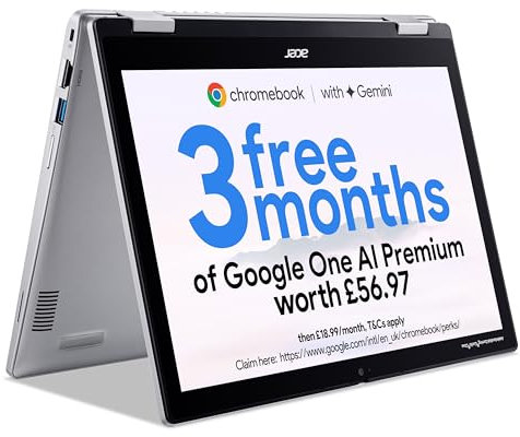 Acer Chromebook Spin 312 CP312-1H Convertible Laptop - Intel N100, 4GB, 128GB eMMC, Integrated Graphics, 12.2 WUXGA Touchscreen, Chrome OS, Silver