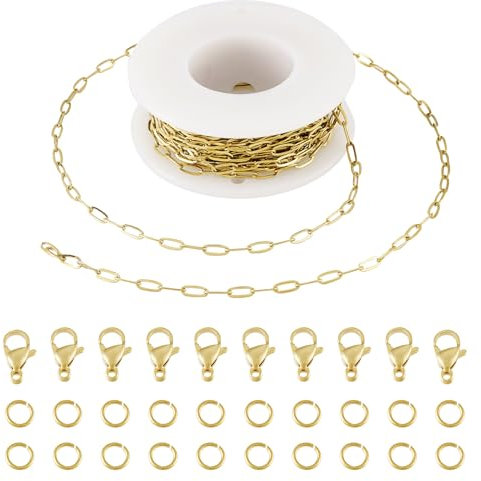 Sparkeads Catene a clip placcate in oro 18 carati, 5 m, in acciaio inox, con maglie ovali, con chiusura a moschettone, anelli di salto, per collane, bracciali, fai da te, accessori per portachiavi da