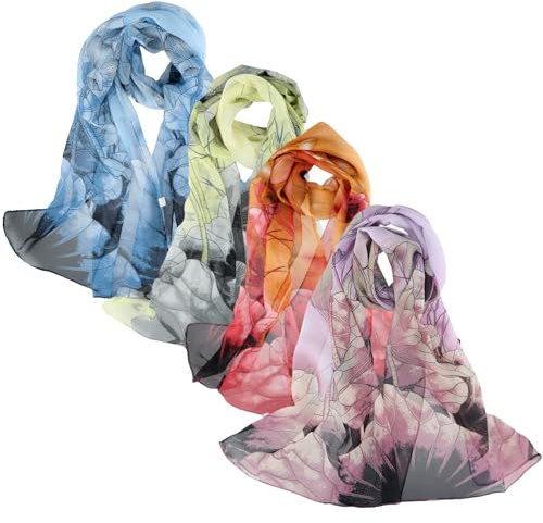 Godneei 4 Sciarpe da donna in chiffon, sottile sciarpa da donna, in seta, blu, giallo, viola e rosso, 150 x 50 cm, Come mostrato, Taglia unica