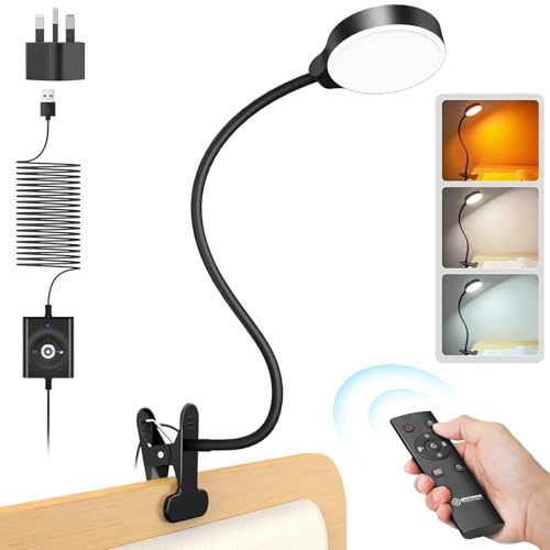 Glocusent 5W Reading Light for Bed, 36 LED Eye Caring Bed Lamp, 3 Colors & 5 Brightness Levels for Headboard with Adapter, Perfect Clip on Light for Reading, Working & Studying (Black with Remote)