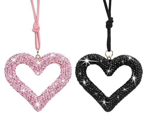 AIFUDA - 2 accessori per specchietto retrovisore, a forma di cuore, da appendere all'auto, con strass, decorazione per interni dell'auto, per donne e ragazze (nero, rosa)