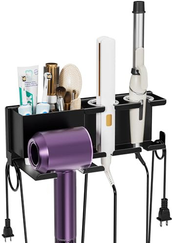 AIRUJIA Hairdryer Holder Wall Mounted with Plug Hook & Storage Basket, Curling Iron Straightener Holder, Hair Styling Care Tool Organizer, Multi-functional Space Storage Bracket for Bathroom, Salon