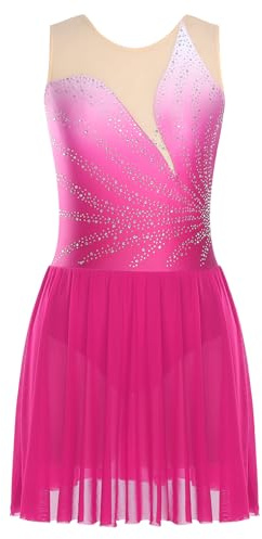 ranrann Robe Patinage Artistique Femme Robe Danse sans Manches Justaucorps Gymnastique Strass Brillant Costume Spectacle S-XXL B Rose Vif XL