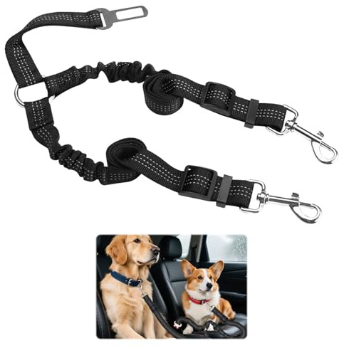 Double Dog Seat Belt,Adjustable Elastic Pet Car Harness With Anti-Shock Bungee,Dog Seat Belts for Cars Uk,Heavy Duty Safety Restraint for Travel & Daily Use (70cm)