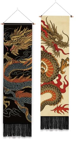 PLIGREAT 2 paquetes de tapices Murale Totem Dragon Tapiz Murale Verticale de Style Japonais Avec Pompons Style Vintage Chinois pour Chambre à Coucher Salon Décoration D'Intérieur 130 x 33 cm
