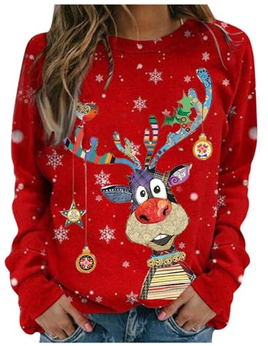 NaLatia Pull de Noel Femme,Pull Noel Femme,Renne de vin décontracté et Confortable à Manches Sweats Longues et imprimé Tendance Femmes