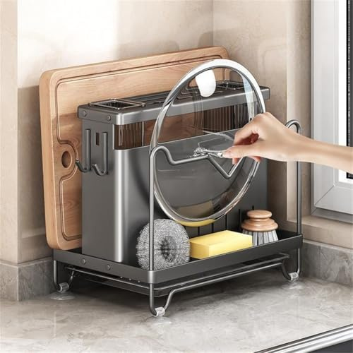 FACAIIO Égouttoir à ustensiles pour comptoir de cuisine, support de couverts et planche à découper en acier au carbone avec design de séchage