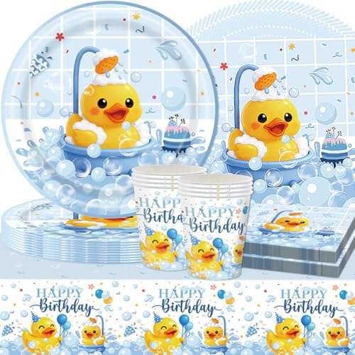 SANYUANHE 61 piezas de vajilla de fiesta de animales de verano, suministros de fiesta de cumpleaños de pato amarillo, decoraciones de fiesta de cumpleaños de piscina para niños, incluyendo platos de