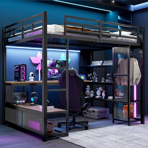 Huayz Cama alta de 140 x 200 cm, con escritorio y espacio de almacenamiento, cama de metal multifuncional con LED y USB, cama para videojuegos con armario abierto, cama juvenil que ahorra espacio, sin
