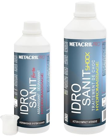 Metacril Pro kit de 2 piezas, Idro Sanit Forte 500ml + Idro Sanit Shock 1Lt + dosificador graduado, para la limpieza del sistema de hidromasaje