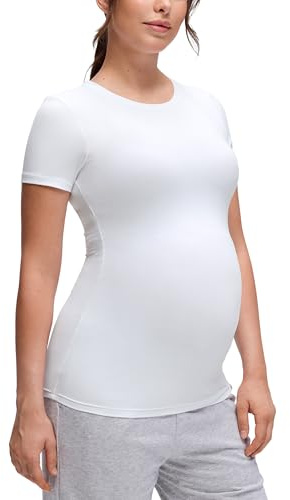 CRZ YOGA Softembrace Maternity Crewneck Short Sleeve Shirts - Soft Casual Pregnancy Tops Going Out Basic T-Shirts for Women White Medium