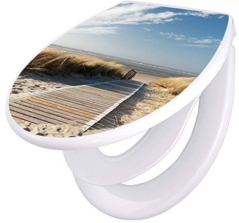 banjado Familien WC Sitz mit Absenkautomatik 44,5x37cm / Klodeckel/Klobrille mit Kindersitz aus hochwertigem Polypropylen/Toilettensitz Kindersitz integriert Motiv Dünen