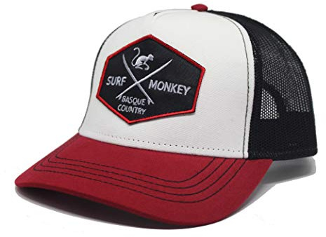 Gorra Tipo Trucker Rojo Blanco Negro - Visera Curvada - Diseño 5 Paneles - Parche Cosido Parte Frontal - Cierre Ajustable Snapback - Surf Monkey 24/48h