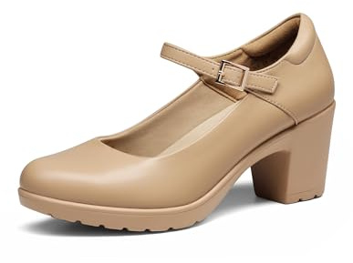 DREAM PAIRS Womens Chunky Low Block Heels Mary Janes Ankle Strap Closed Toe Court Shoes Ladies Comfort Work Pumps Comfy Round Toe Dress Wedding Shoes SDPU2231W,Size 6,Nude,SDPU2231W