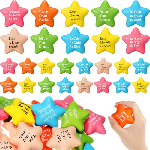 Aoriher 36 Pcs Motivational Stress Balls Quotes Inspirational Funny Colorful Foam Balls Hand Exercise Stress Relief Gifts for Office Small Anxiety Toys for Relief Motivating Supply (Star)