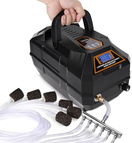 hygger Rechargeable Aquarium Pond Air Pump, Powerful Quiet Commercial Tank Air Pump with Hose Air Stone Check Valve Adjustable Flow 6-outlets Diverter Valve for Fishing Yacht/Power Outages/Hydroponic