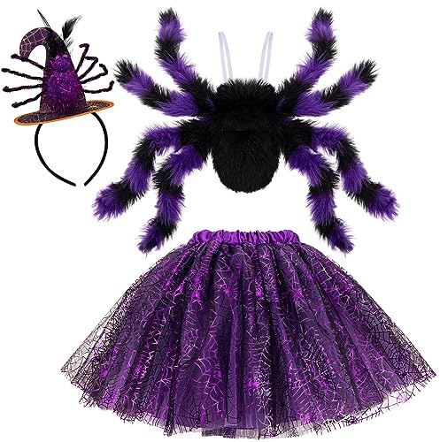HIFOT Costume Araignée Enfant Fille,Araignée Jupe Tutu avec Bandeau Chapeau de Sorcière Peluche Araignée Deguisement Araignee Enfant,Deguisement Halloween Carnaval Fille 3-12 ans