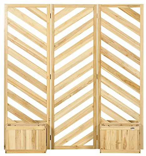 Outsunny Decorative Outdoor Privacy Screen, Freestanding Divider/Separator with 4 Self-Draining Planters, 3 Trellis Plant Support Panels for Garden Walkway, Backyard - Natural Wood