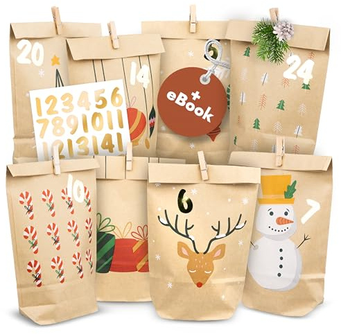 AMARI ® Calendario de Adviento para rellenar Snowman- 24 Bolsas de Adviento (con pinzas de madera) para hacer en Navidad - Bolsa de papel con pegatinas de números