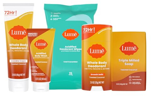 Lume Skin Care Gift Set for Women, Whole Body Deodorant Starter Pack -Smooth Solid Stick, Invisible Cream Tube, Acidified Body Wash Mini & Deodorant Wipes -Aluminum Free Odor Control (Toasted Coconut)