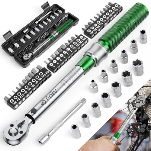Foliv Drehmomentschlüssel Fahrrad Set, 1/4 Zoll Drehmomentschlüssel 5-25 Nm ±4% Fehlergenauigkeit mit Verlängerungsstange, Universalgelenk, Magnetische Zündkerzenhülse, Bits für Fahrrad und Motorrad
