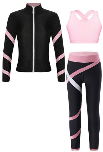 YiZYiF Konståkning för barn, 3-pack, sport, oufit, långärmad jacka, crop tanktopp och leggings, set, skridskoåkning, träningsoverall, danskostym, Rosa_N, 134/140 cm